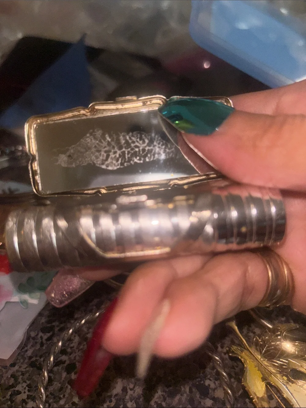 Antique Porcelain Floral Lipstick Case w mirror